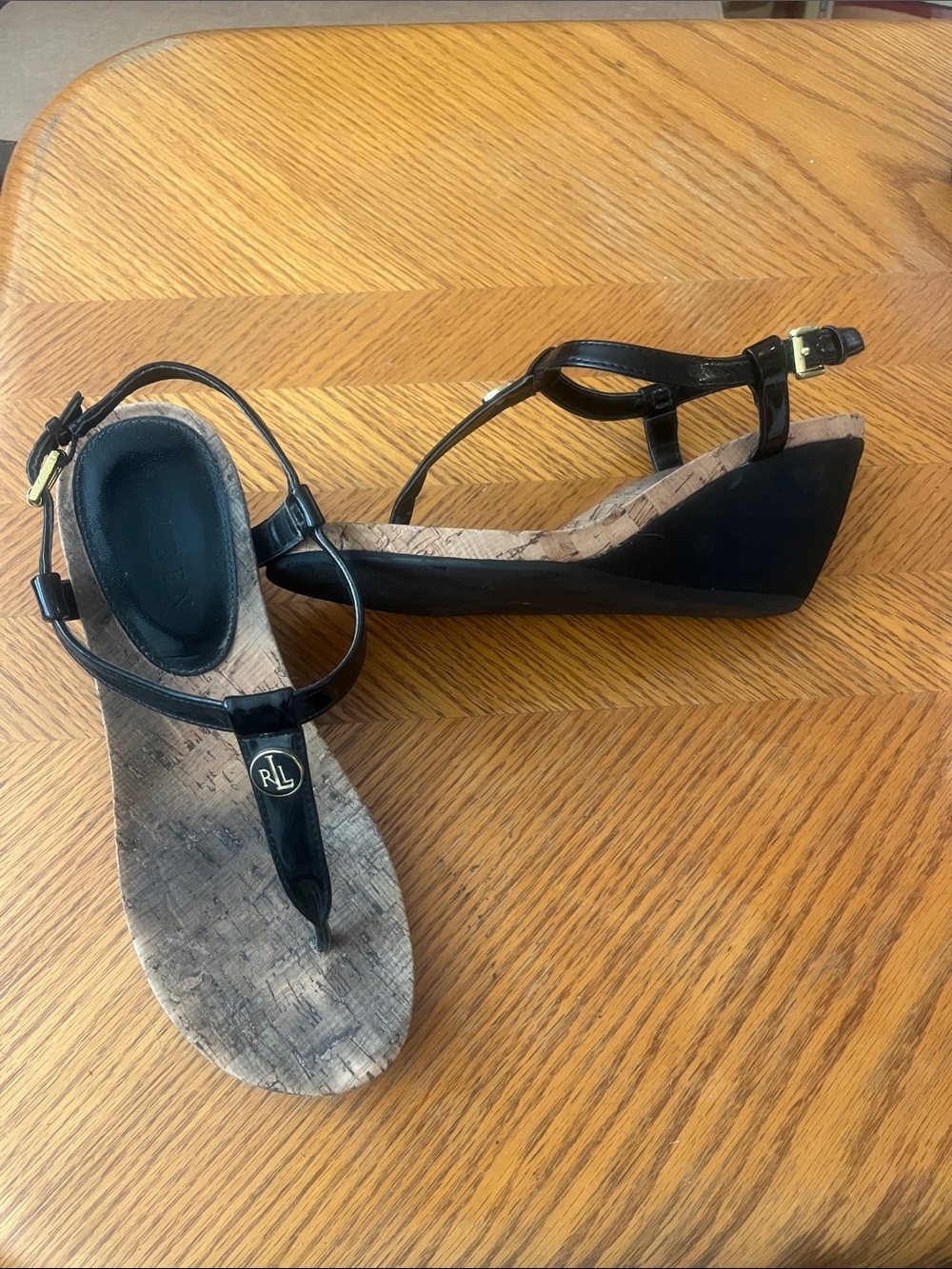 Ralph Lauren Black Cork Wedge Sandals - Women's T-Strap.  7.5